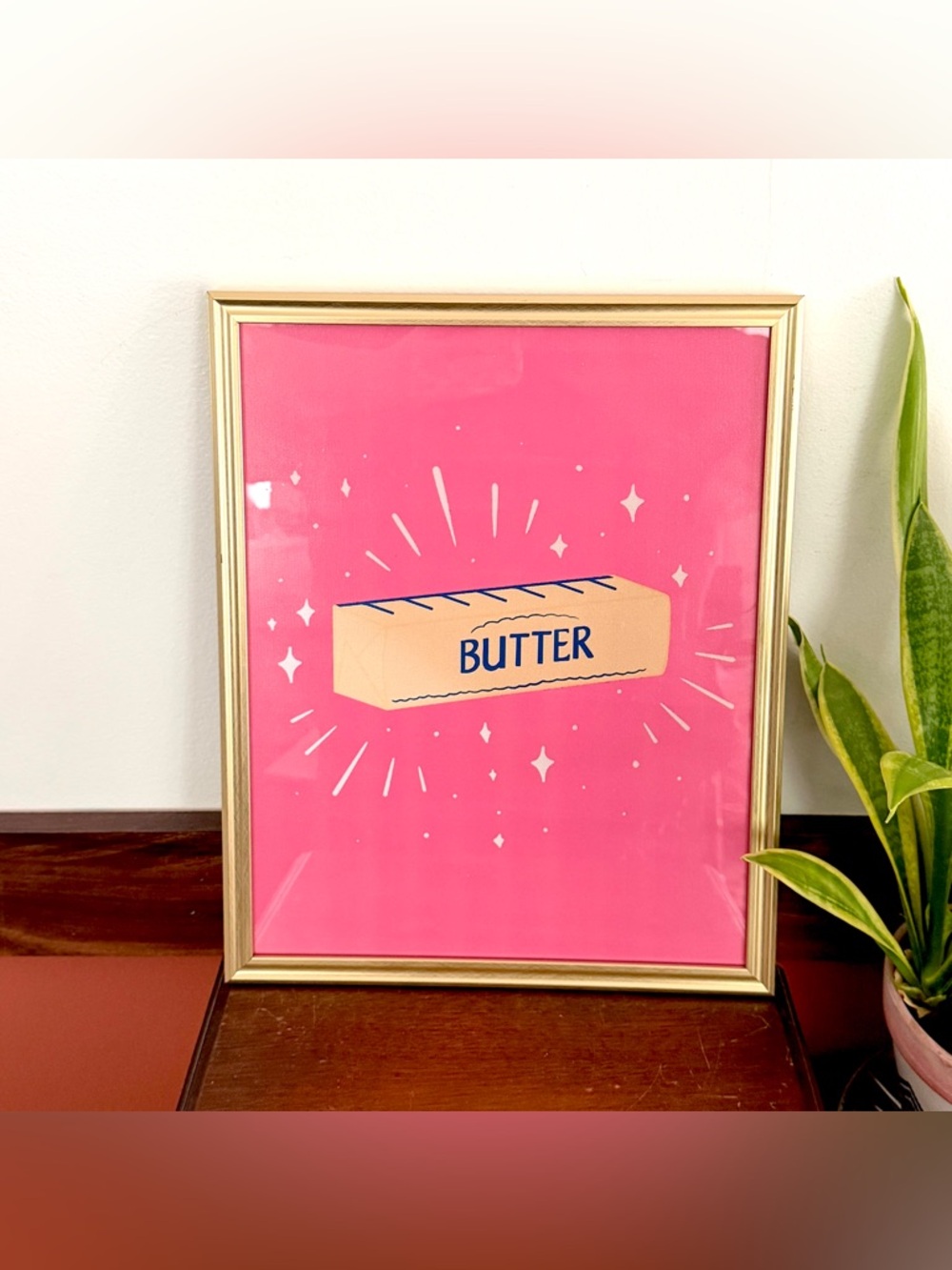 Stick of Butter Pink Canvas Art Print Gold Framed Wall Hanging Art Kitchen Bake